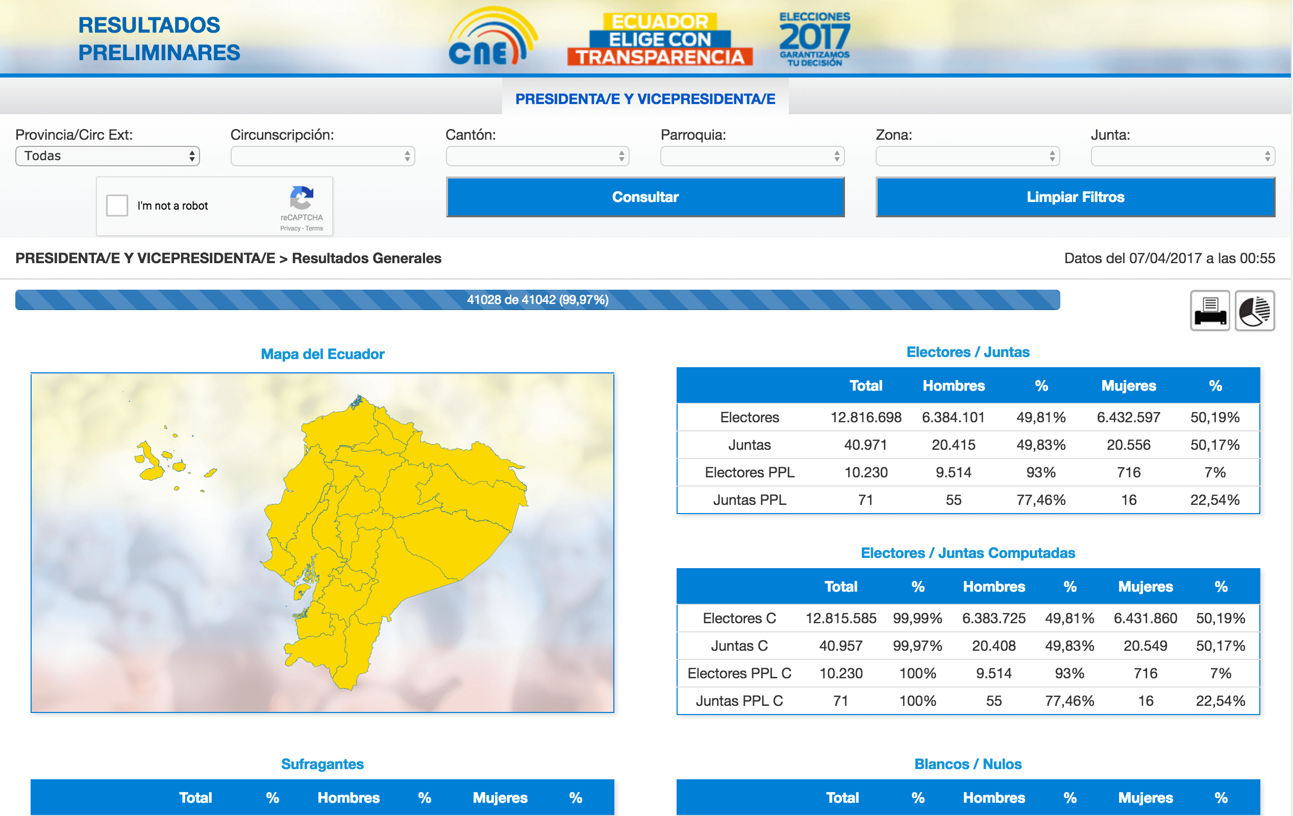 Esta es la plataforma web donde fue entregada la información minuto a minuto de las elecciones presidenciales 2017 o así debió ser.